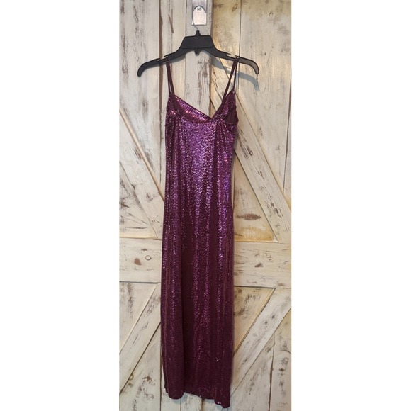 Bebe Pink Sequin Sparkling Gown Side Slit Spaghetti Straps Prom Party Small NWOT - Picture 7 of 9